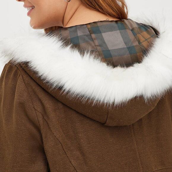 Torrid Plus Size 4 Outlander Faux Fur Hooded Brown Lined Tweed Riding Coat New - Picture 4 of 4